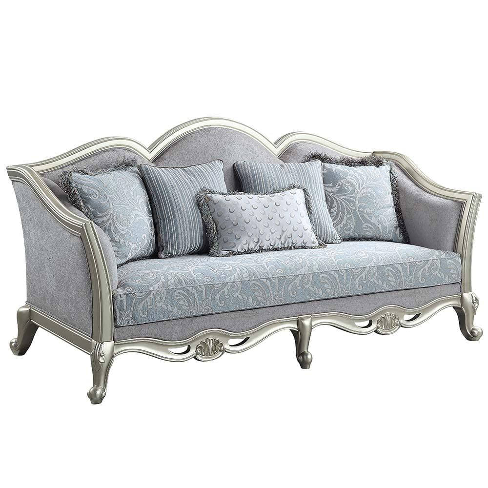 Elegant 85'' Light Gray Linen Sofa with Champagne Wooden Trim