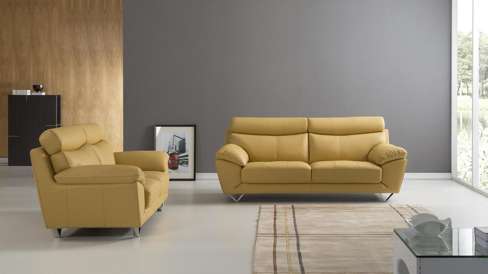 Yellow Italian Leather Modern Sofa and Loveseat Set