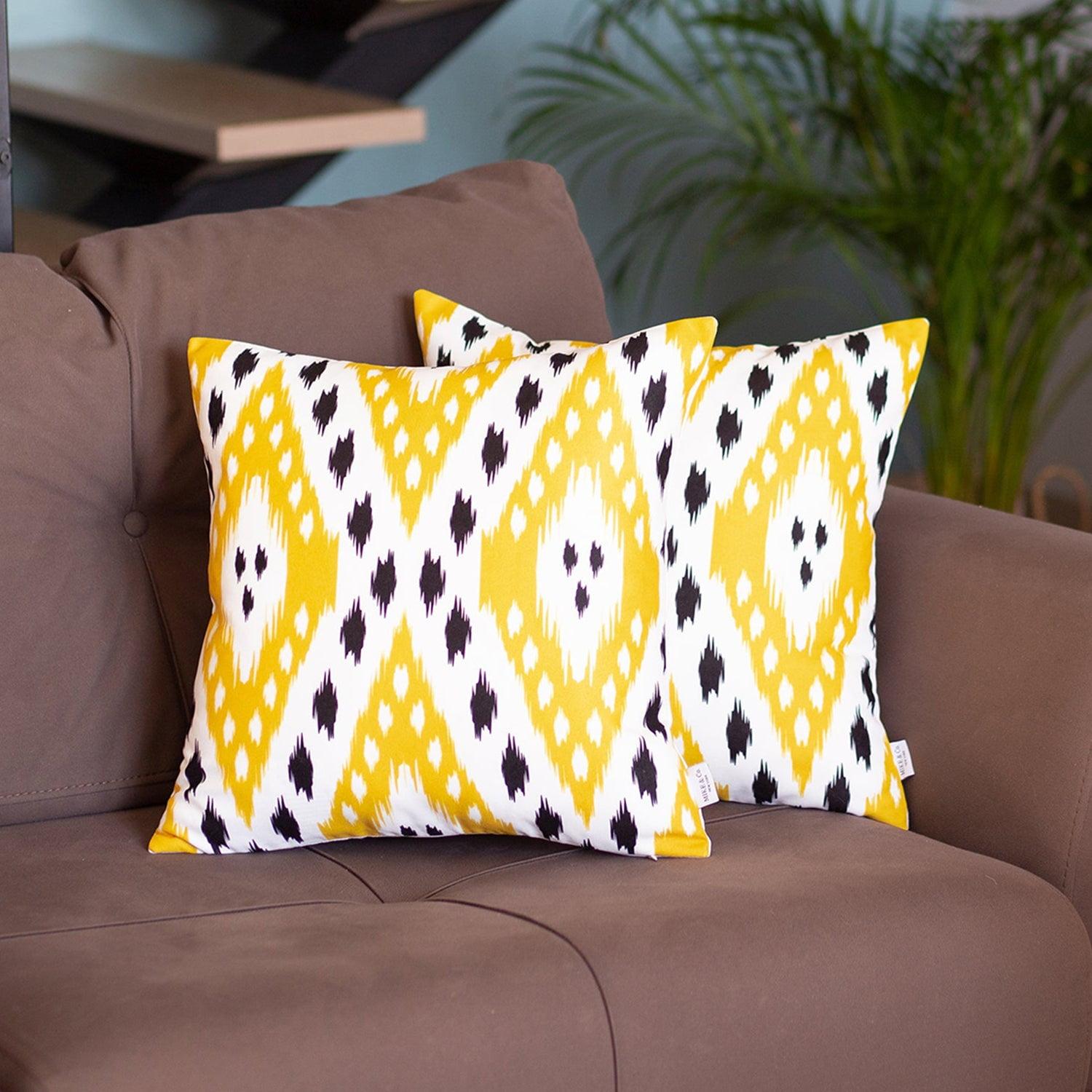 Yellow and White Ikat Polyester Euro Throw Pillow Covers, Set of 2