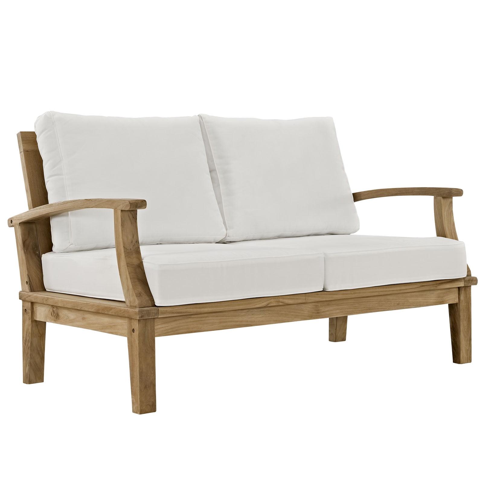 Natural Teak Wood Patio Loveseat with White Cushions