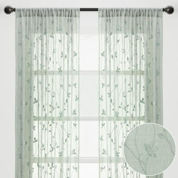 Chanasya 2pk Embroidered Vine Sheer Window Curtain Panels - Set of 2 - 52 x 96 Inches Long - Sage