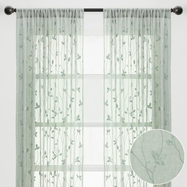 Chanasya 2pk Embroidered Vine Sheer Window Curtain Panels - Set of 2 - 52 x 96 Inches Long - Sage