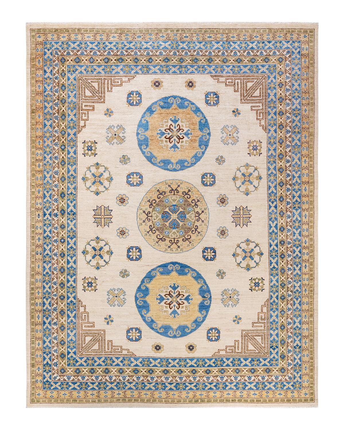 Ivory Floral Khotan Silk Road Tribute Hand-Knotted Wool Rug 9' x 12'