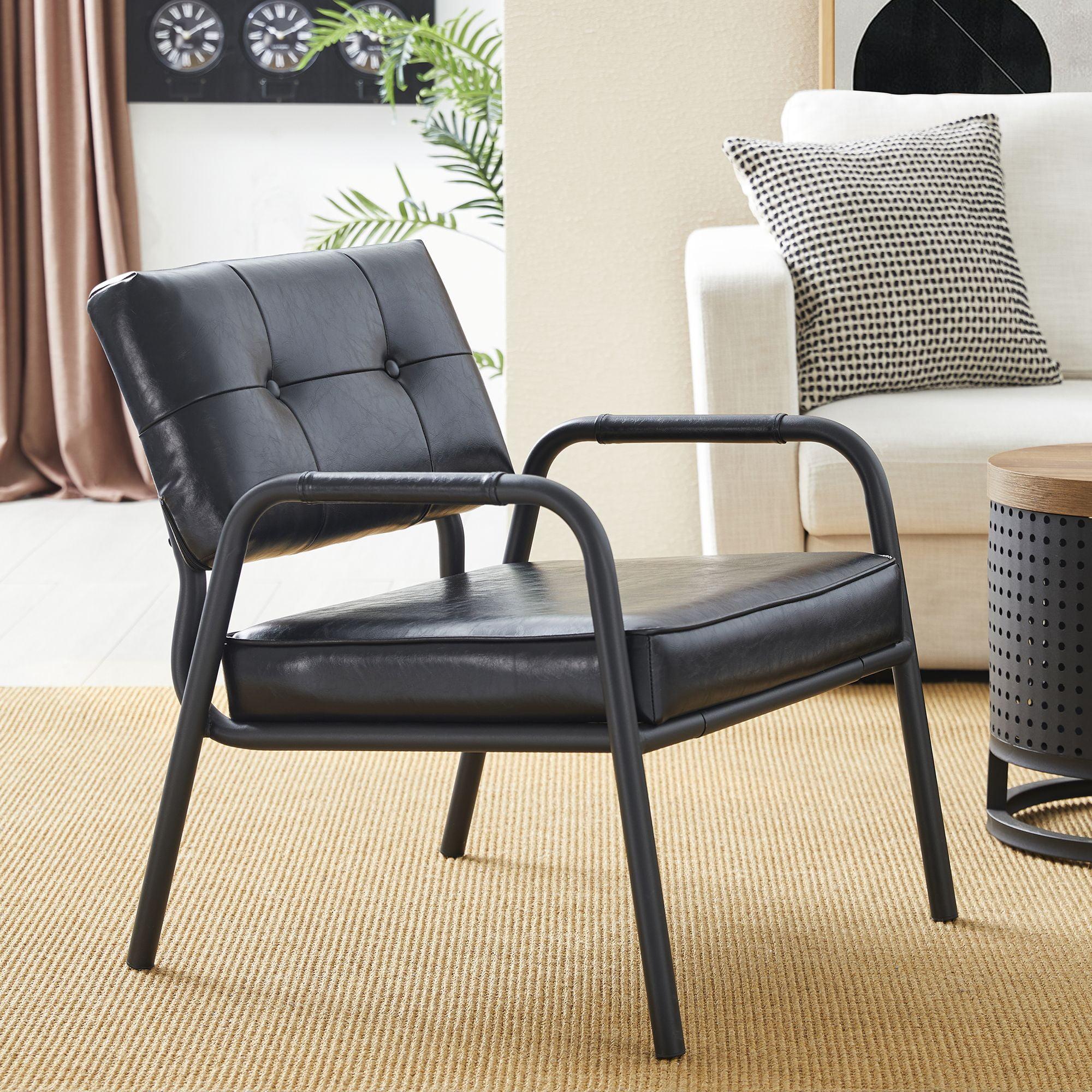 Mid-Century Modern Leatherette Arm Accent Chair Frosted Black Metal Frame Black - Glitzhome