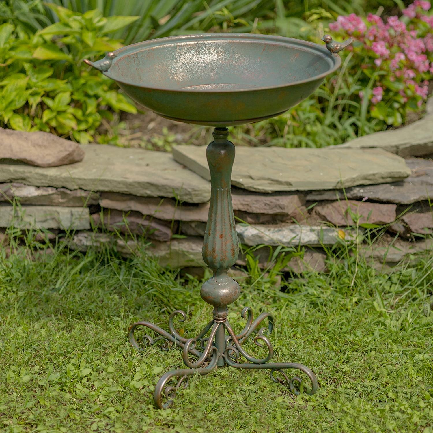 Bronze Ornate Pedestal Birdbath with Cast Iron Birds