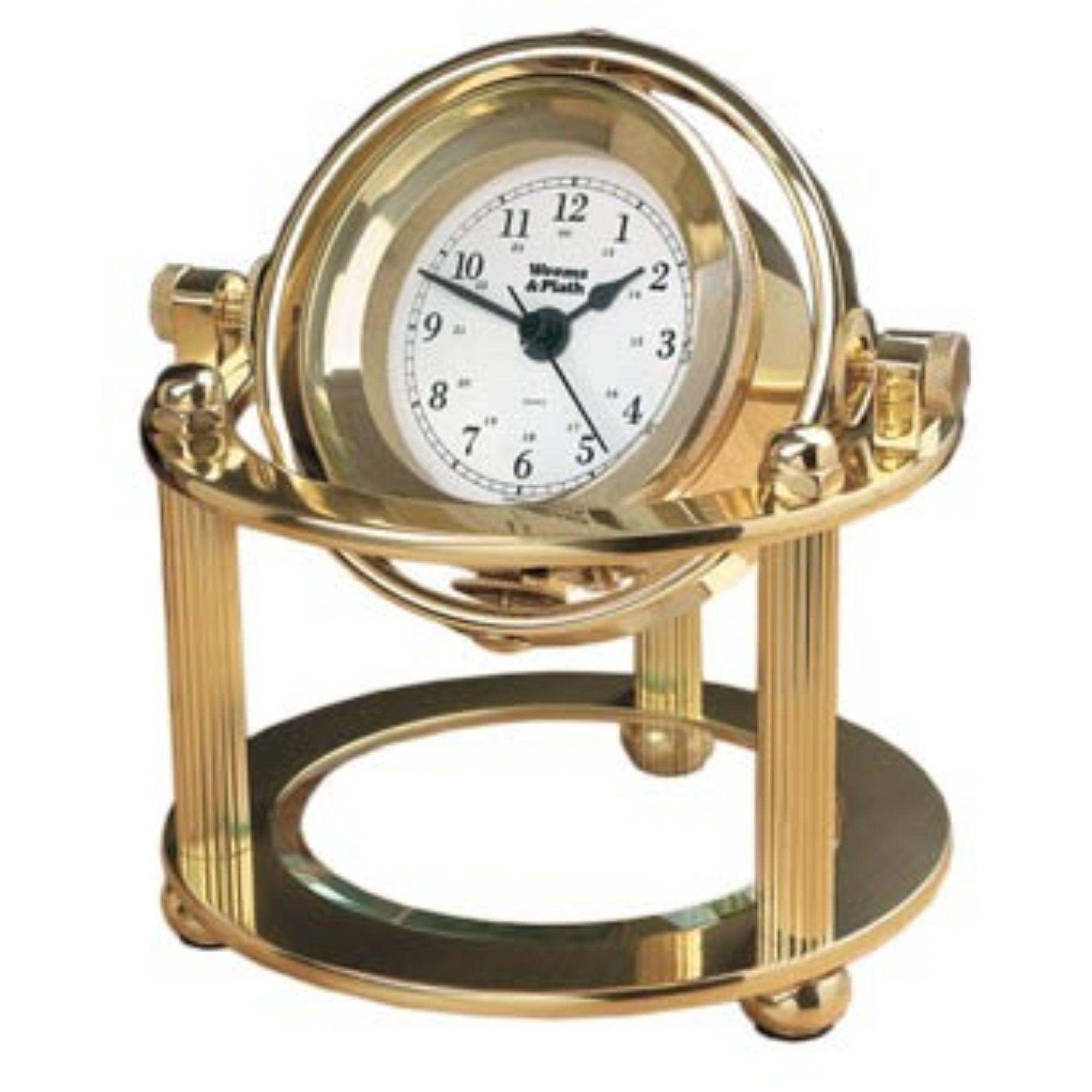 Gold Brass Gimbaled Quartz Desk Clock with Beveled Glass