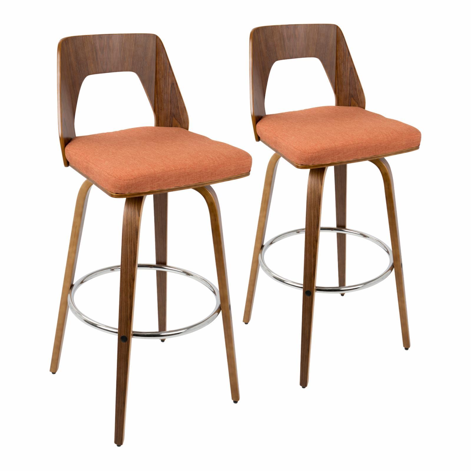 Walnut and Orange Mid-Century Modern Swivel Barstool Pair