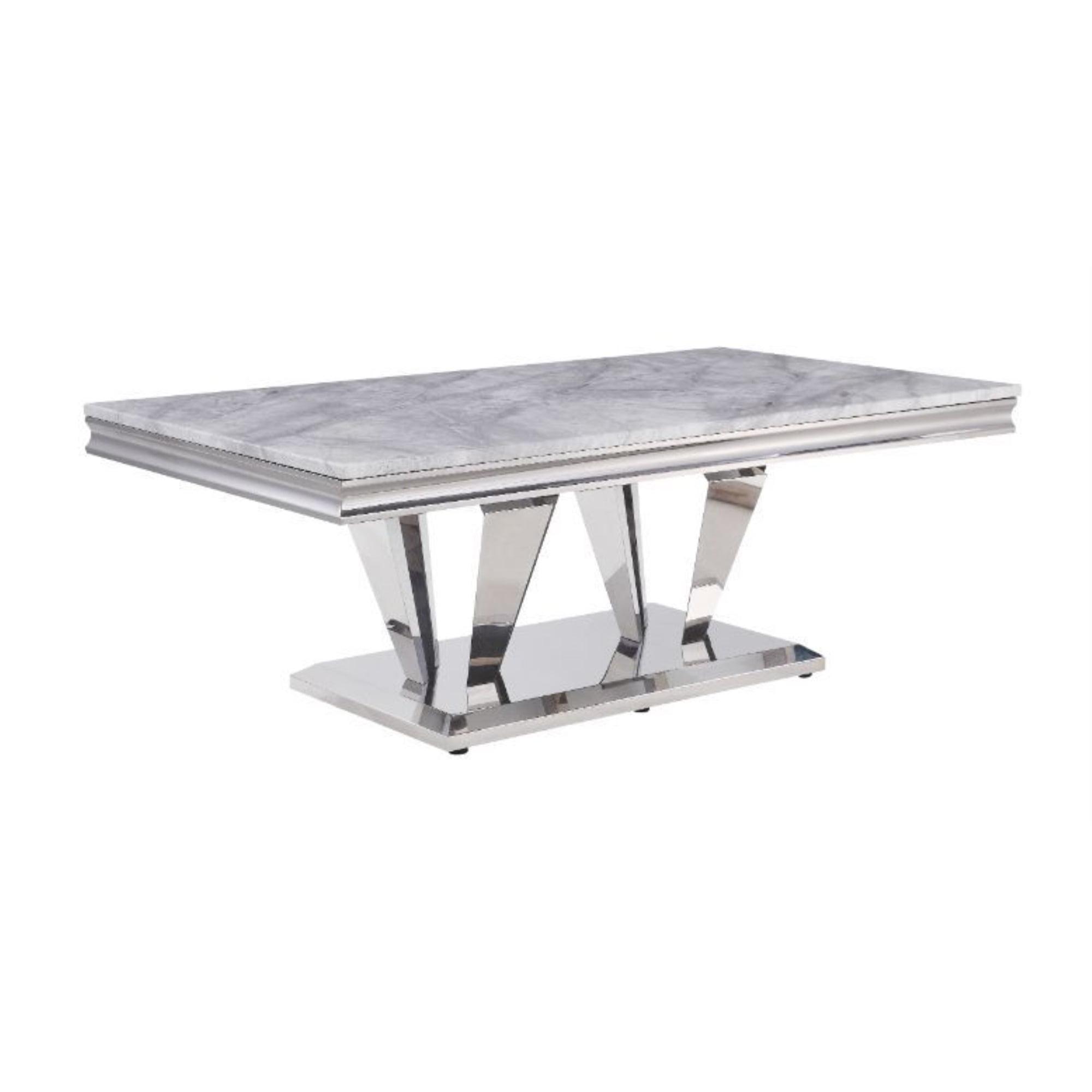 Elegant 54'' Light Grey Marble & Mirrored Silver Coffee Table