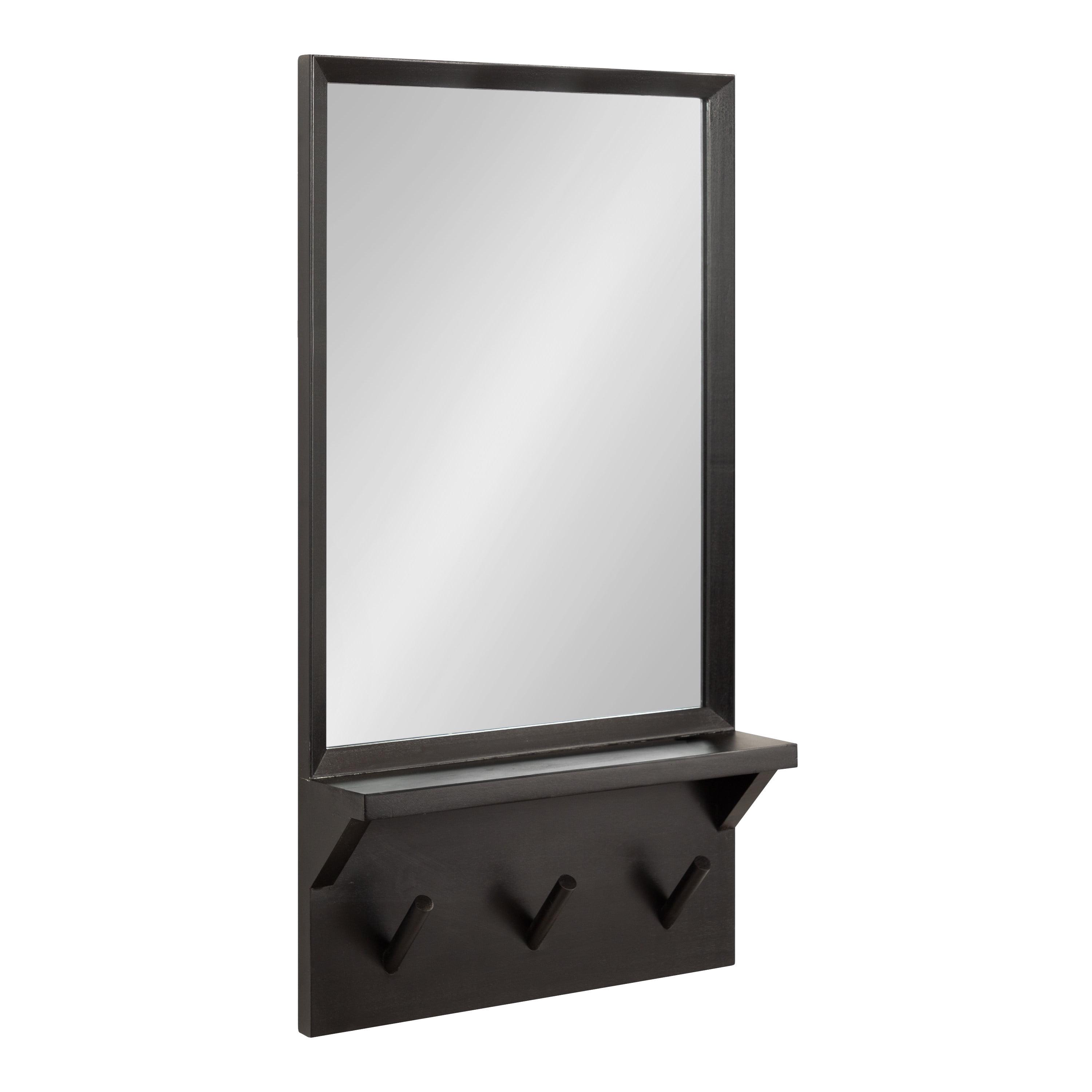 Black Rectangular Wood Wall Mirror with Pegs and Ledge