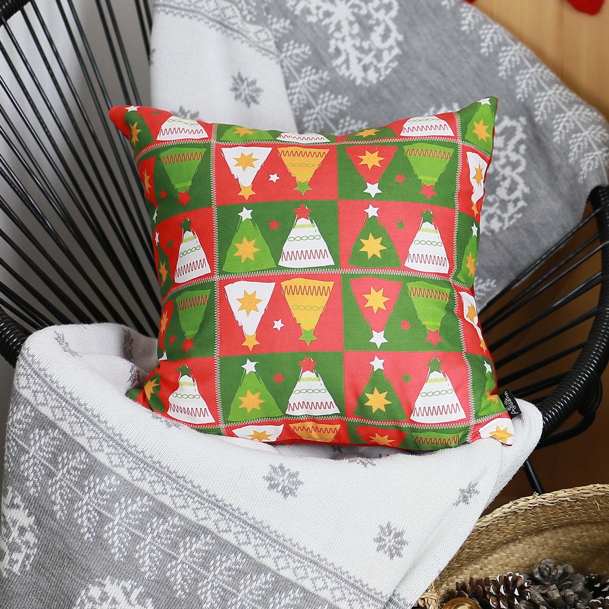 Festive Red and Green Polyester Christmas Tree Throw Pillow