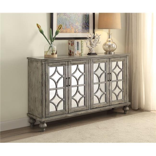 Velika Weathered Gray Wooden Console Table with Mirrored Doors