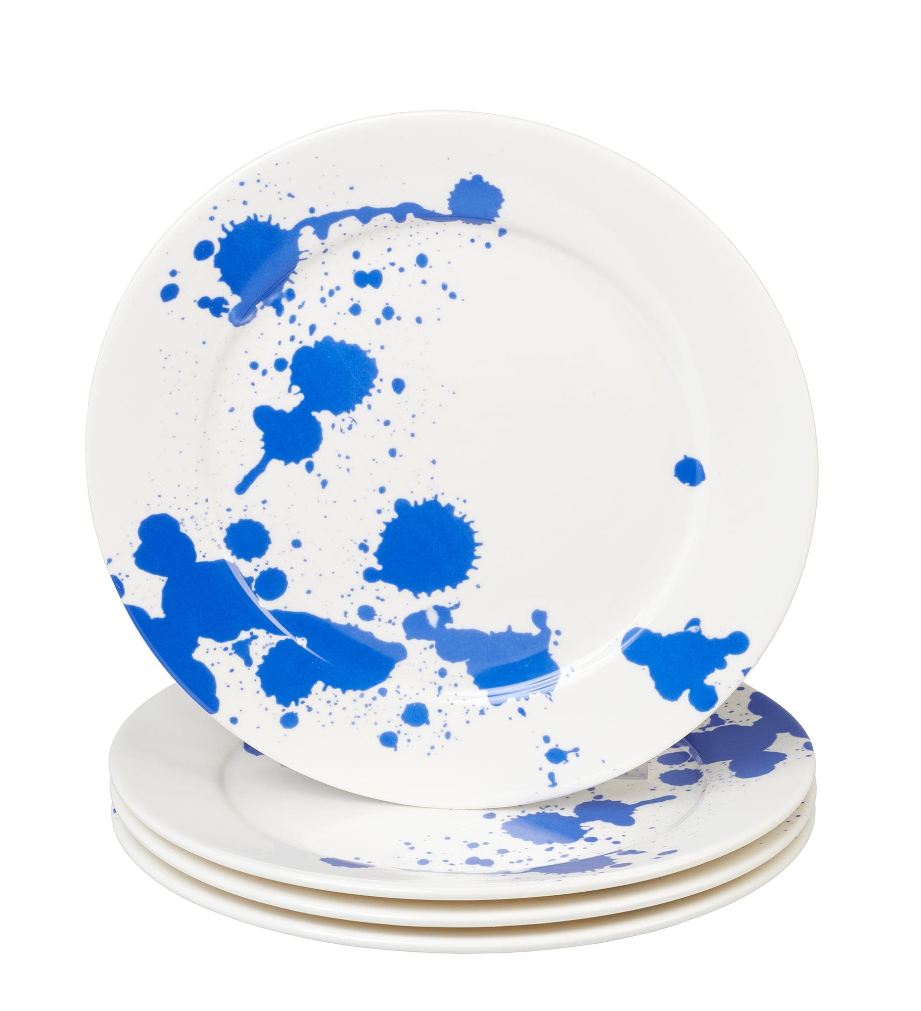 Servappetit Set of 4, 11" Dinner Plates, White With Splash of Blue, Oven, Microwave & Dishwasher Safe