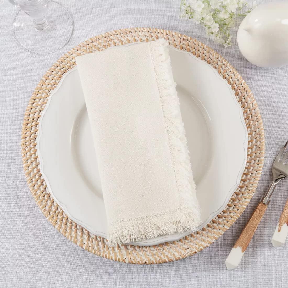 Ivory Cotton Fringed Table Napkins, Set of 4