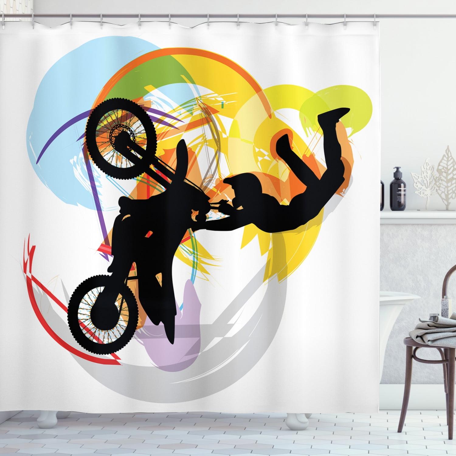 Multicolor Motocross Rider Fabric Shower Curtain with Hooks