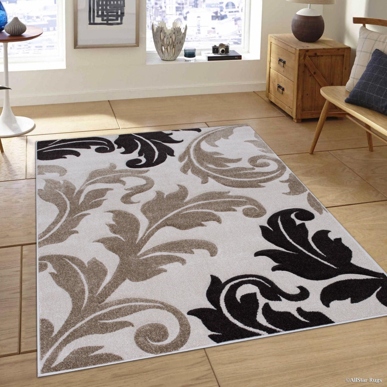 Ivory and Black Floral Synthetic 5' x 7' Area Rug