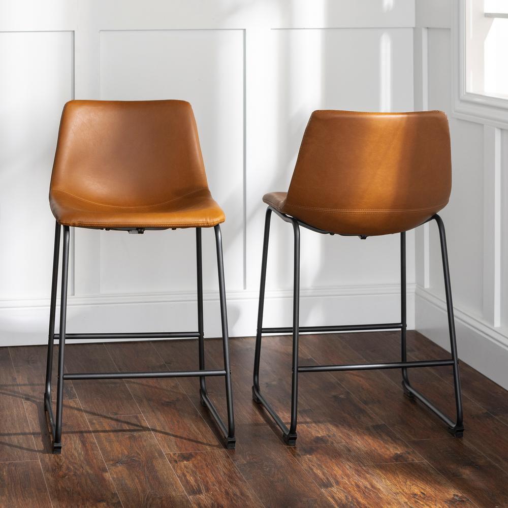 Whiskey Brown Faux Leather Counter Stools with Metal Frame, Set of 2