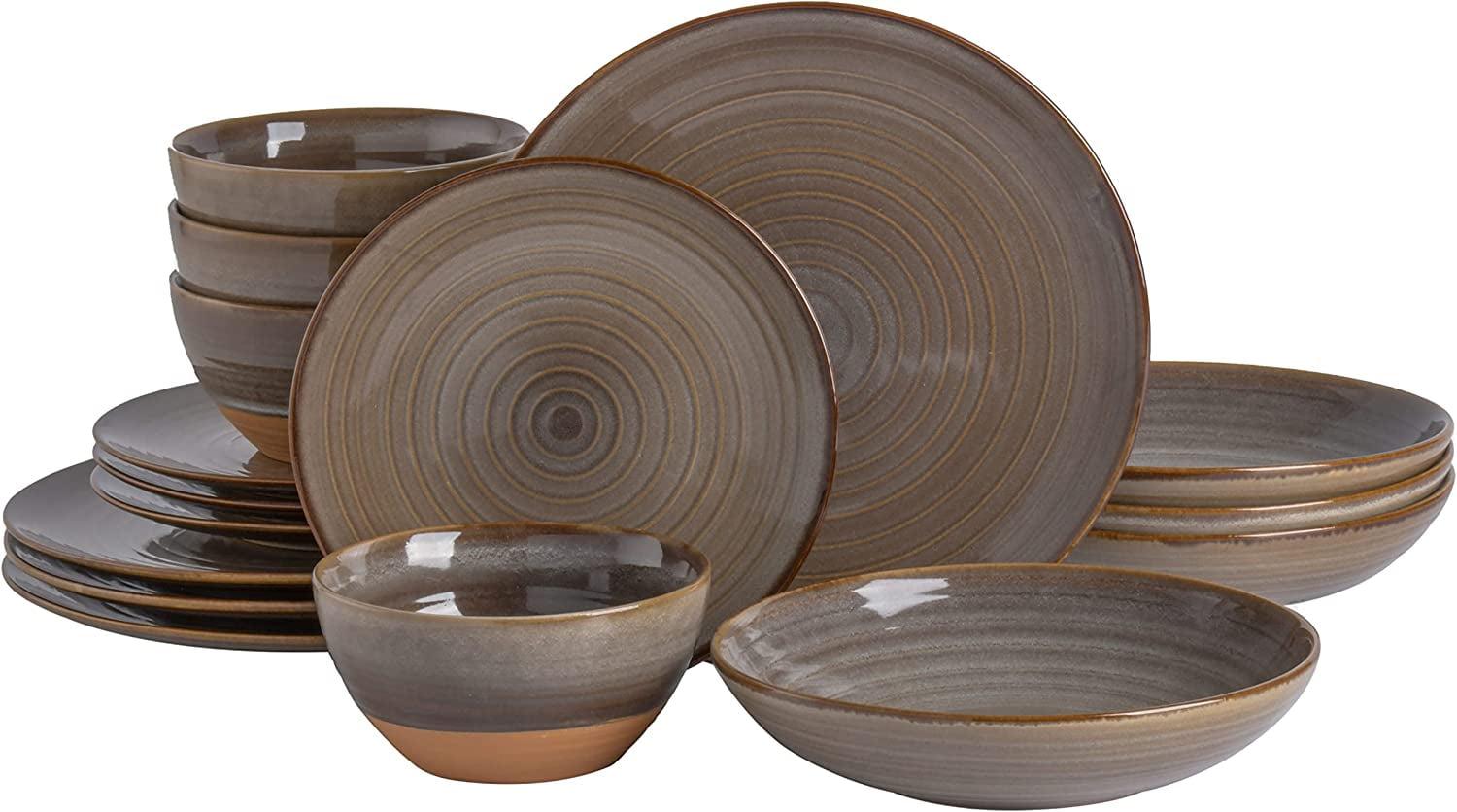 Earthy Brown Ceramic 16-Piece Double Bowl Dinnerware Set