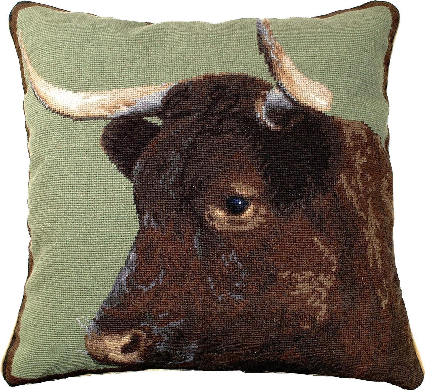 Throw Pillow Needlepoint Milking Devon Cow 20x20 Black Brown Sage Green S MH-667