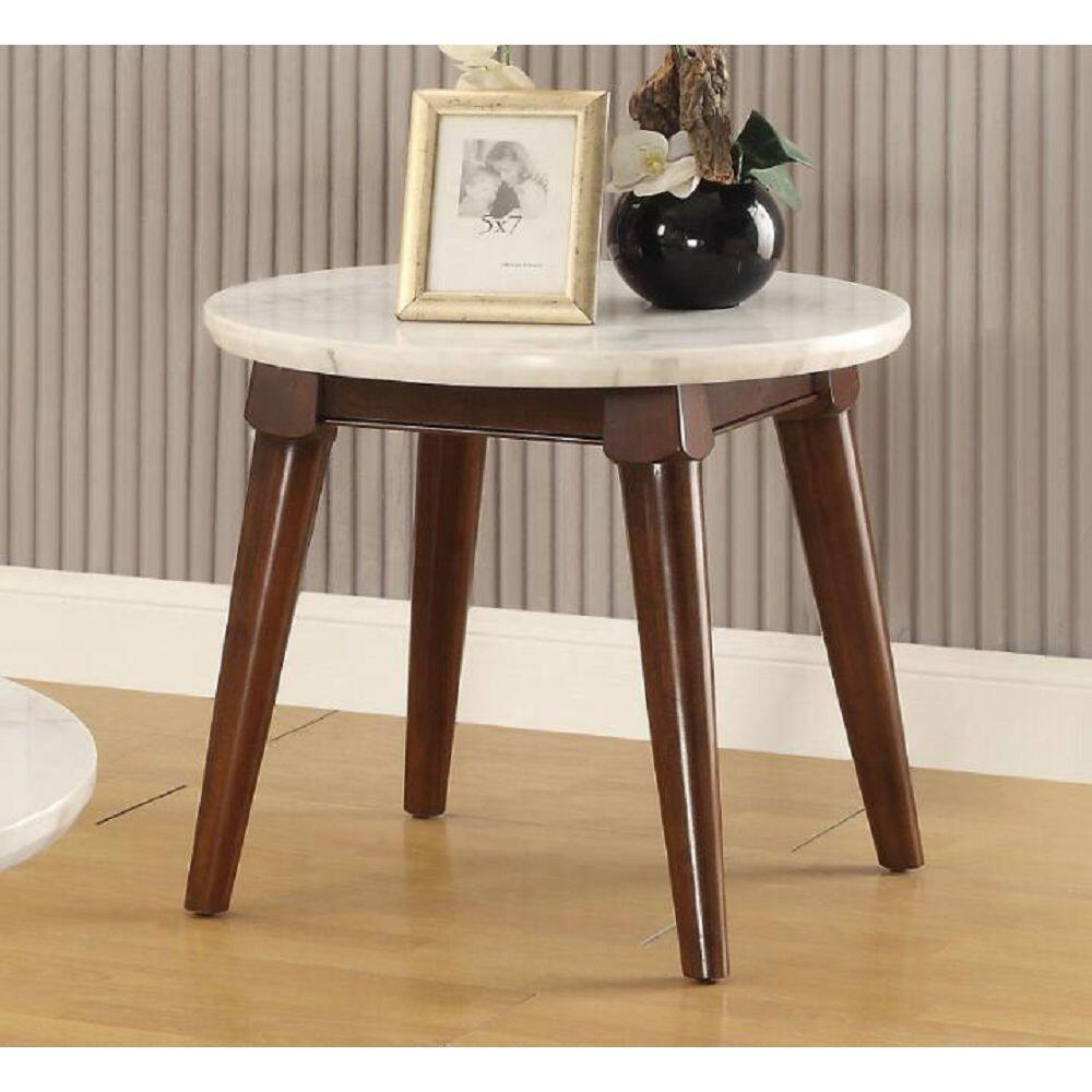 24'' Round White Marble and Walnut Wood End Table