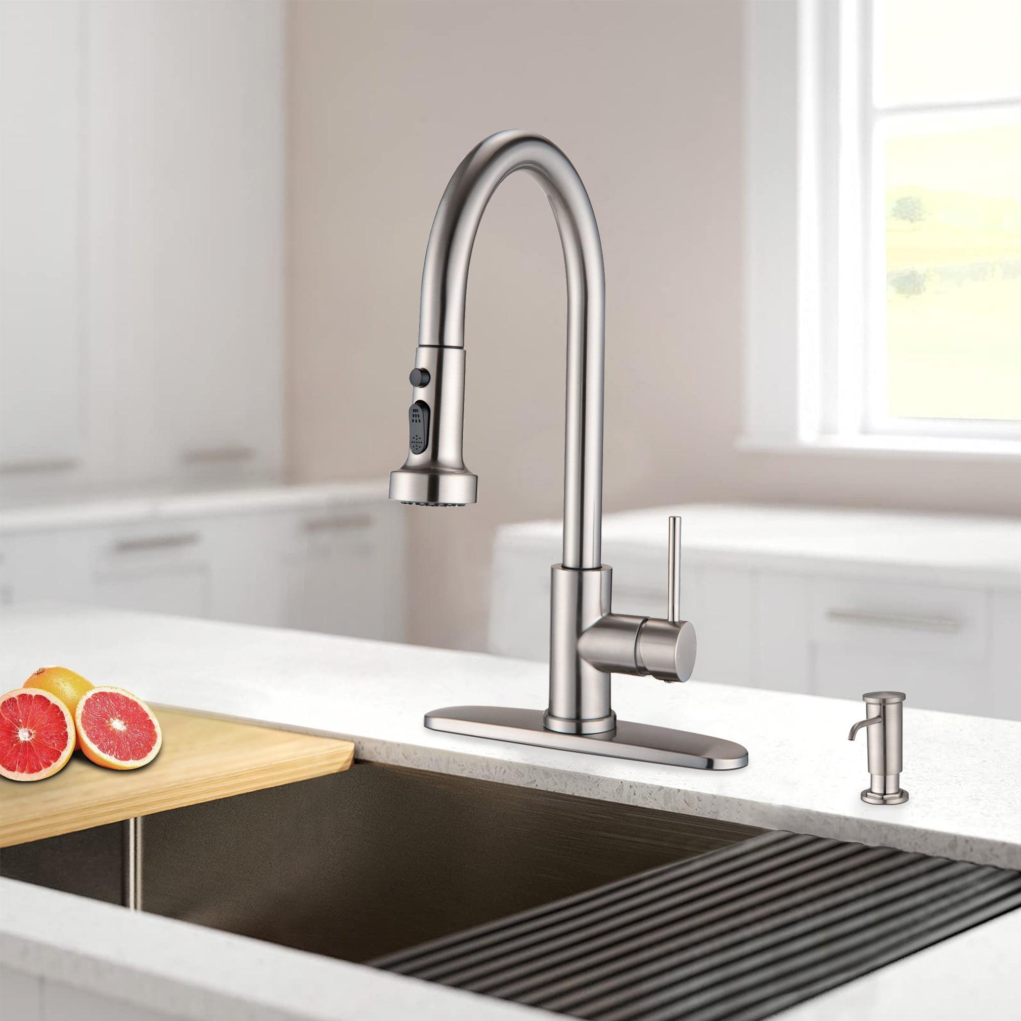 Brushed Nickel Stainless Steel Pull Down Kitchen Faucet with Soap Dispenser