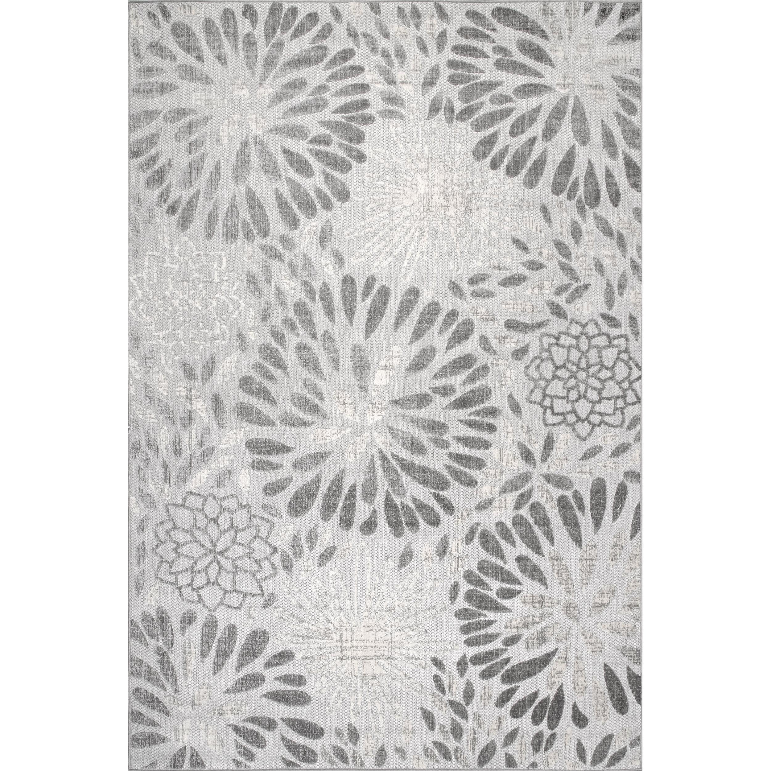 Light Grey Floral Synthetic 5' x 8' Easy-Care Outdoor Rug