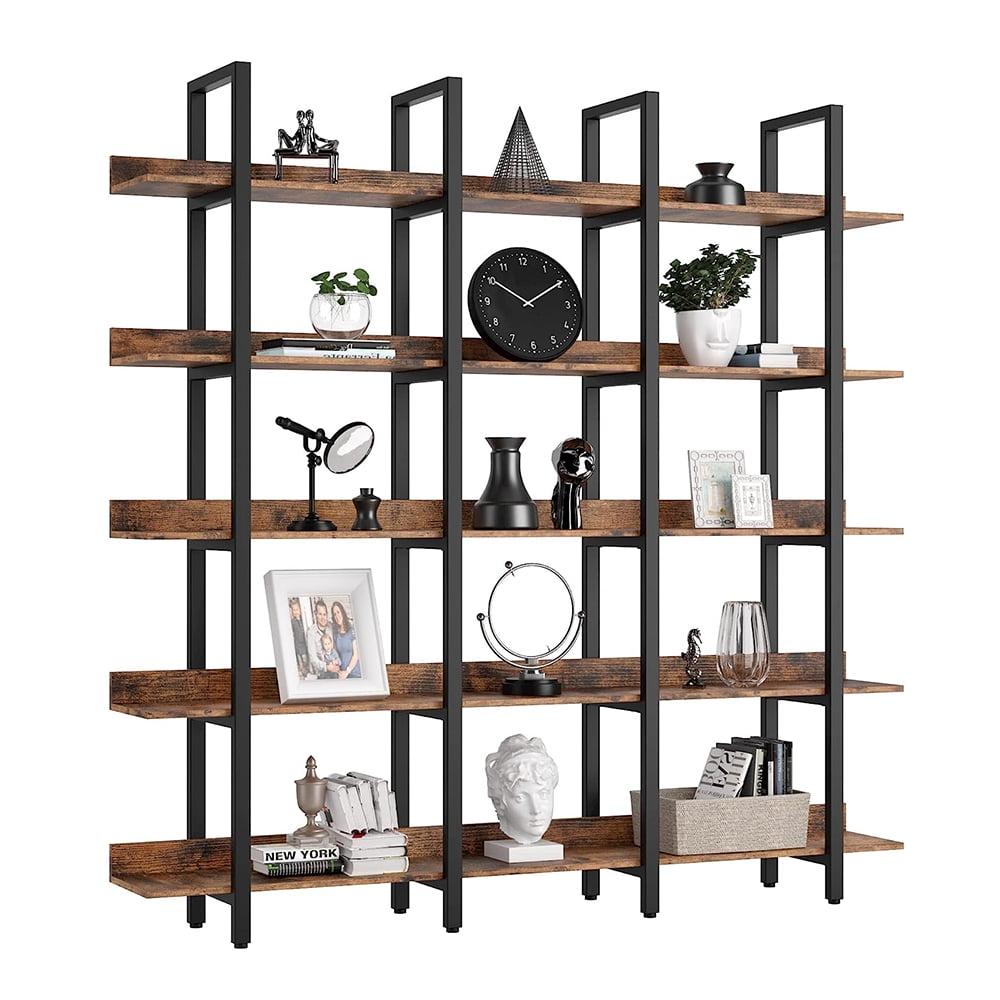 Industrial Vintage Brown 5-Tier Triple Wide Bookshelf