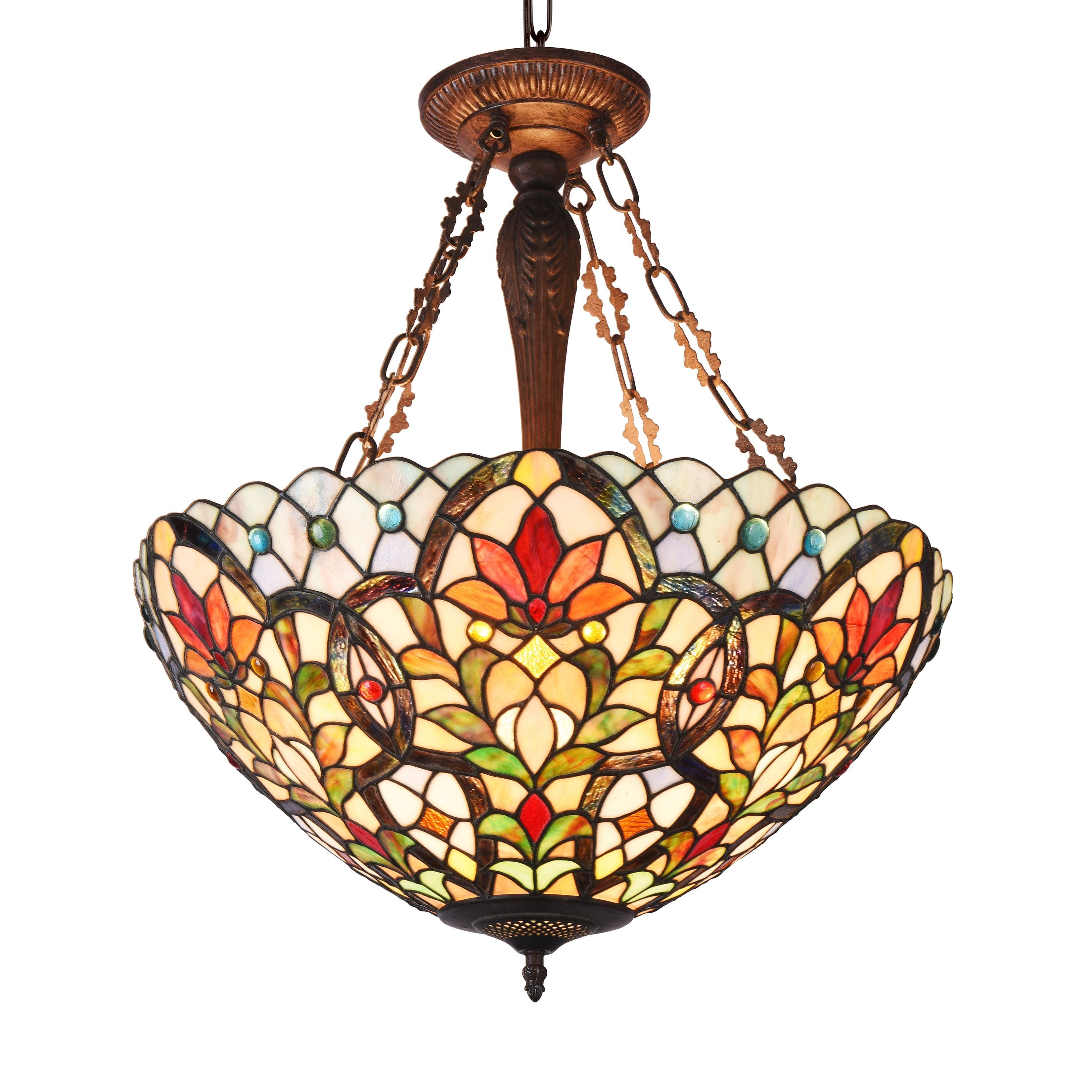 Floral Vine Tiffany-Style 21" Inverted Ceiling Pendant in Bronze