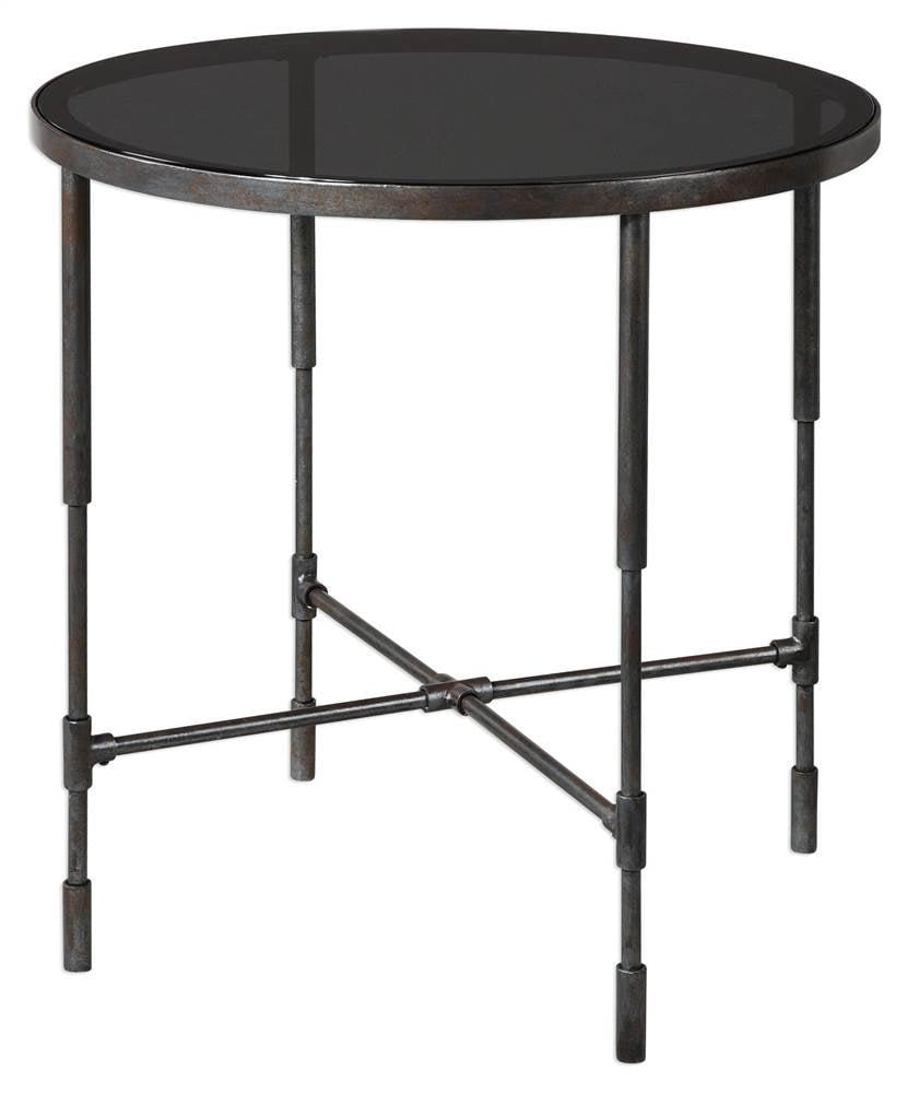 Contemporary Industrial Round Side Table with Smoked Glass Top