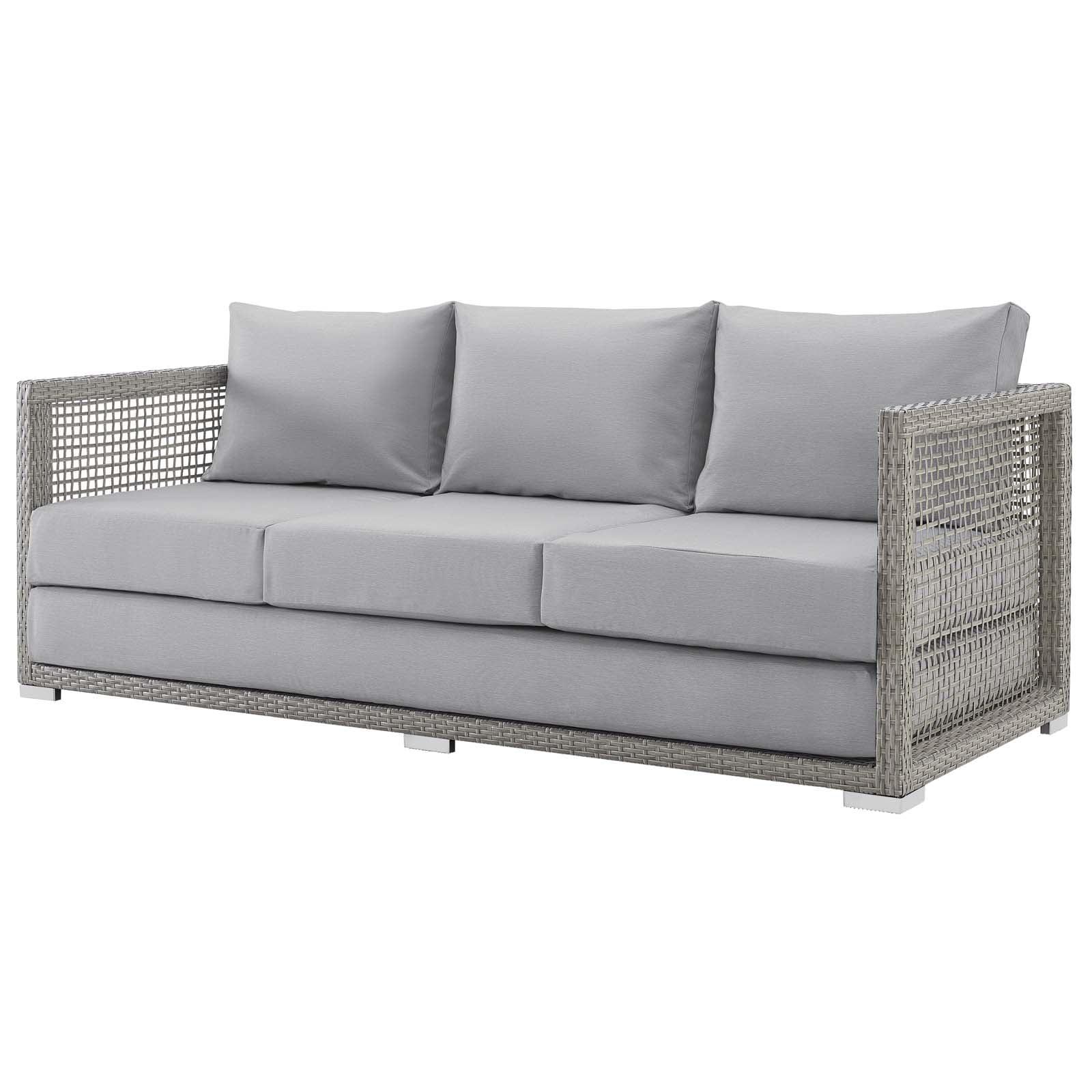 Aura 75'' Gray Wicker and Plastic Outdoor Sofa with All-Weather Cushions