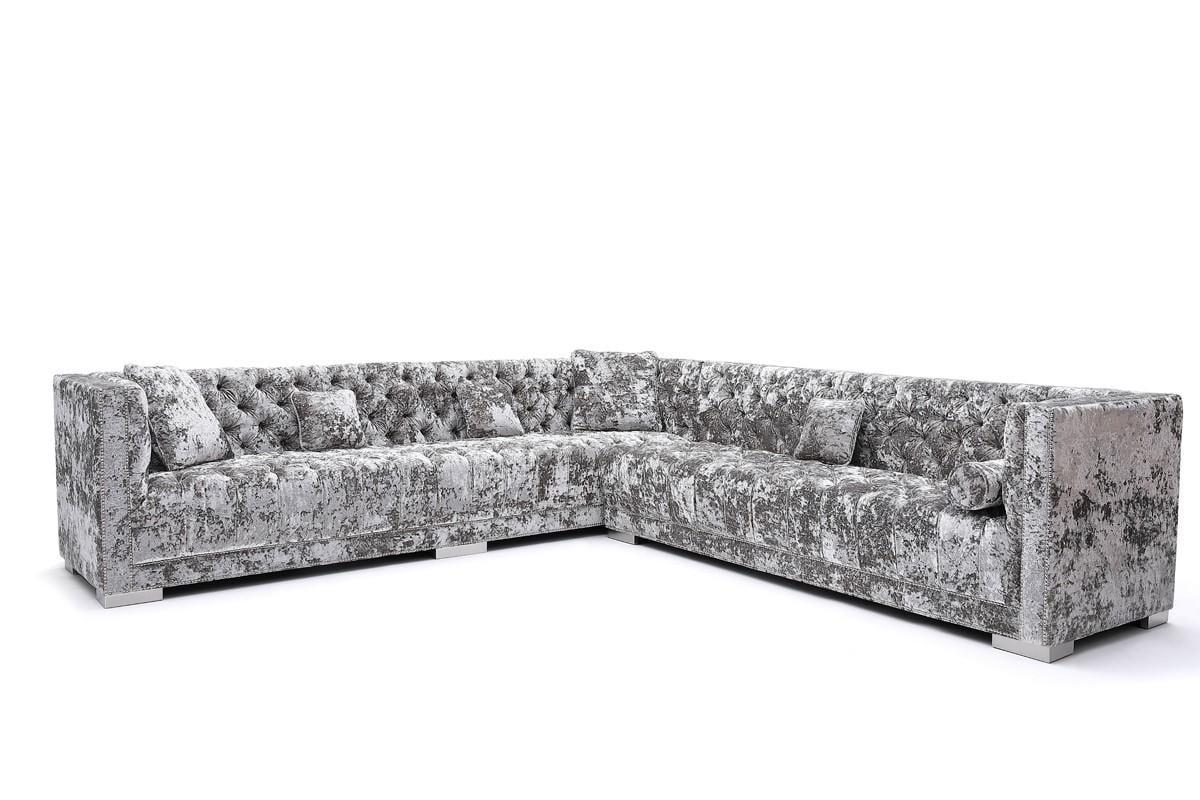 Luxe Gray Velvet Nailhead Tufted Sectional Sofa with 7 Throw Pillows