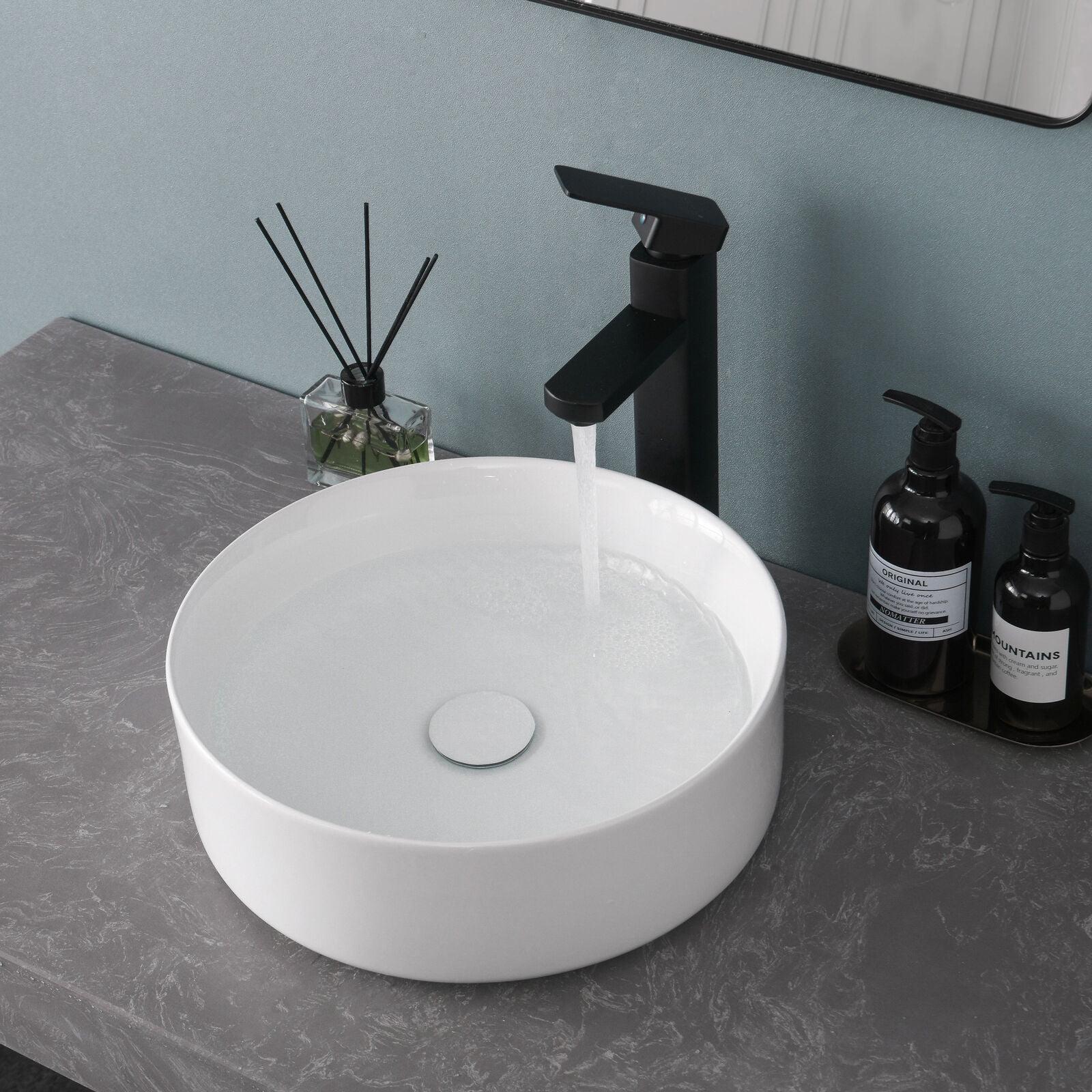 Davivy 14.2'' White Ceramic Circular Vessel Bathroom Sink with Pop Up Drain