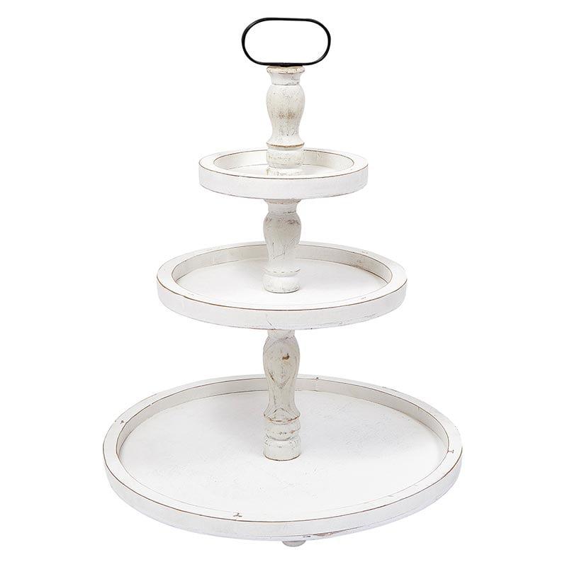 White Distressed Wood and Metal 3-Tier Round Stand