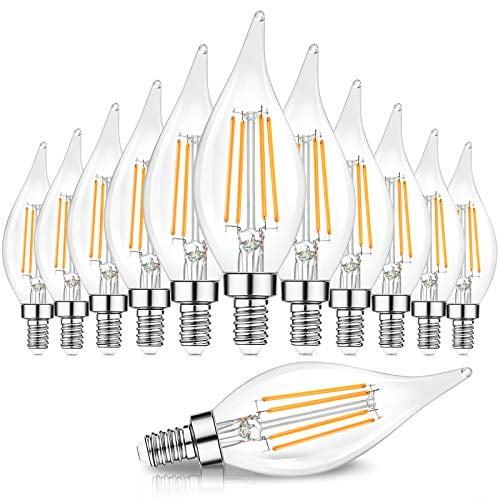 Dimmable E12 Candelabra LED Bulbs 60 Watt Equivalent, 2700K Warm White, Clear Filament LED Chandelier Light Bulbs 6W, 600lm, CA11 Vintage Ceiling Fan Light Bulb with Flame Tip, 12-Pack