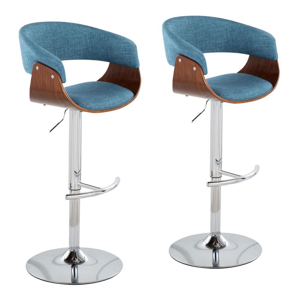 Set of 2 Vintage Mod Upholstered Barstools Blue/Walnut - Lumisource: Chrome Base, Cushioned, Swivel