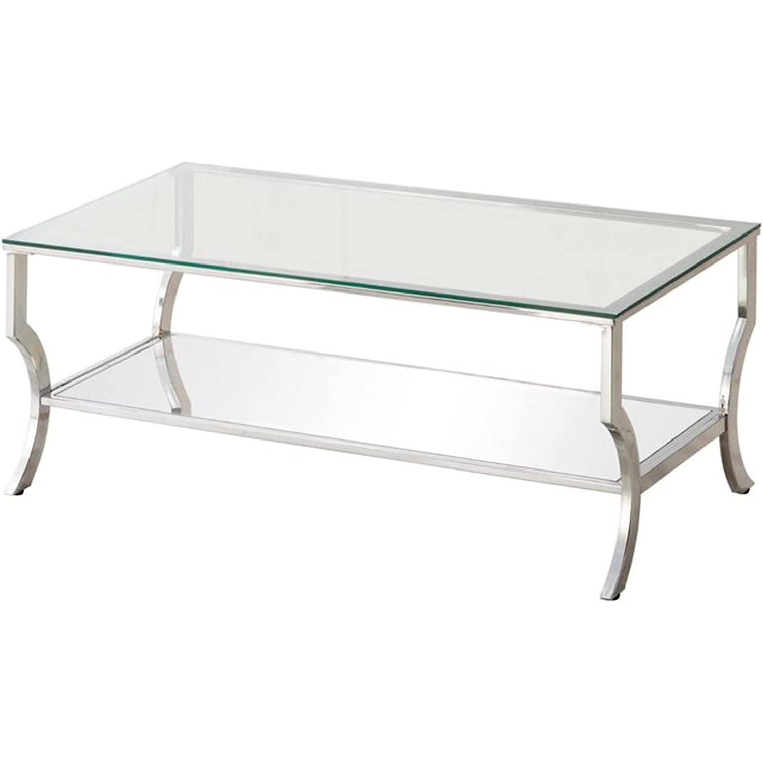 Chic Mirage 24" Rectangular Chrome Coffee Table with Glass Top and Mirrored Shelf