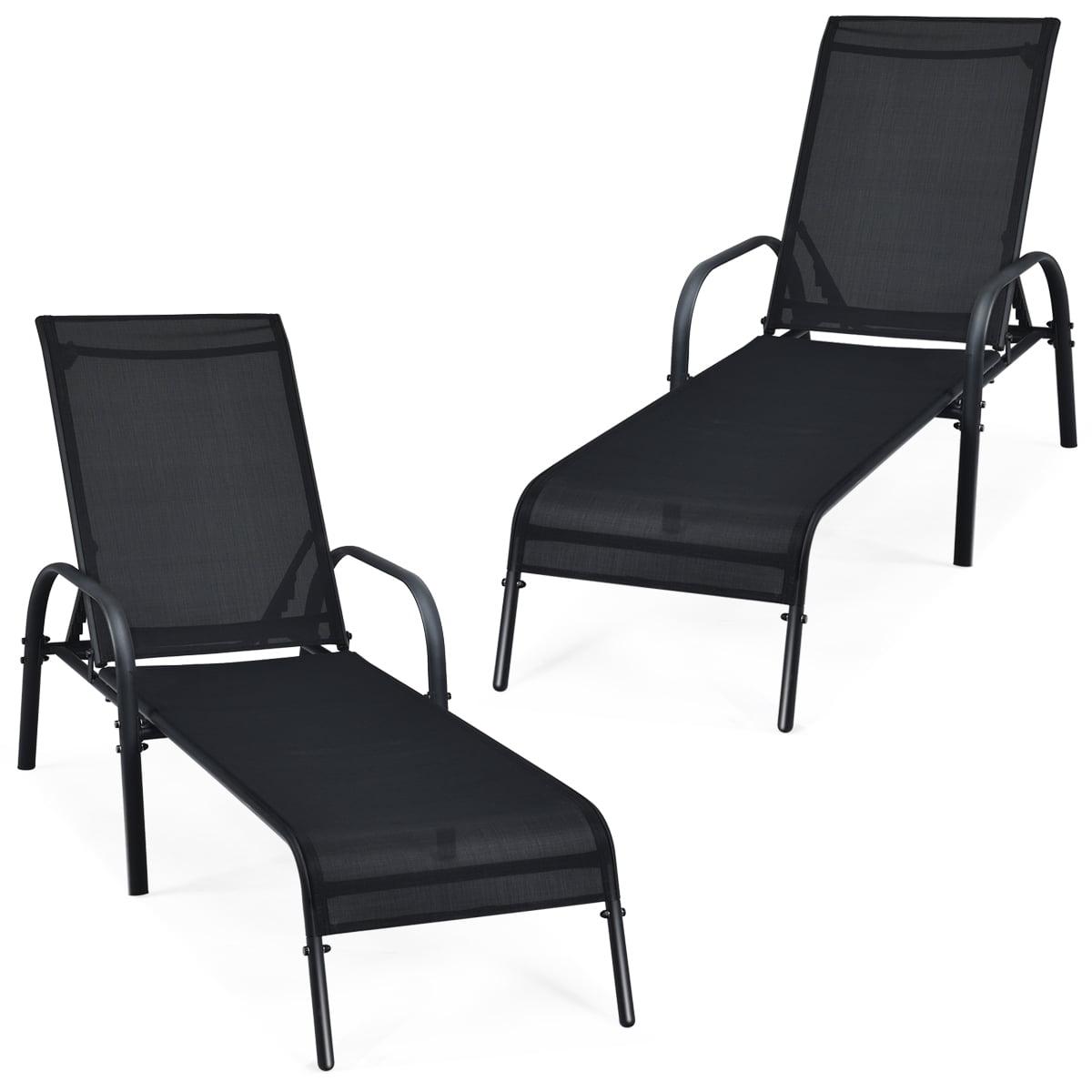 Canddidliike 2 Pieces Patio Lounge Chair Chaise Fabric with Adjustable Reclining Armrest, Lounge Chair with Heavy-Duty Powder-Coated Steel Frame, Lounge Chair for Outdoor, Black