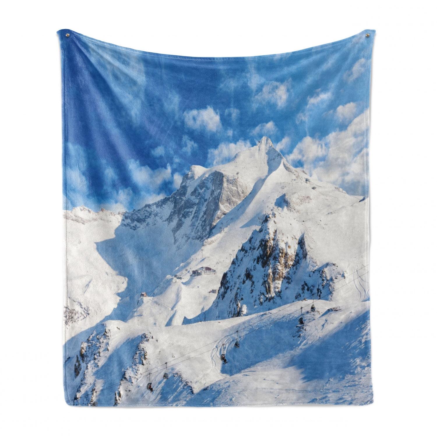 Winter Mountain Scene Blue and White Fleece Throw Blanket