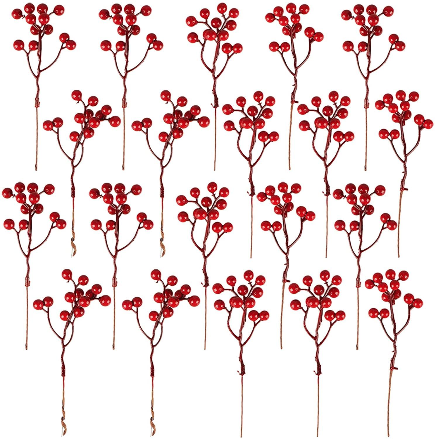 Red Berry Sprigs - Set of 20 Artificial Berry Stems for Christmas Décor and Crafts