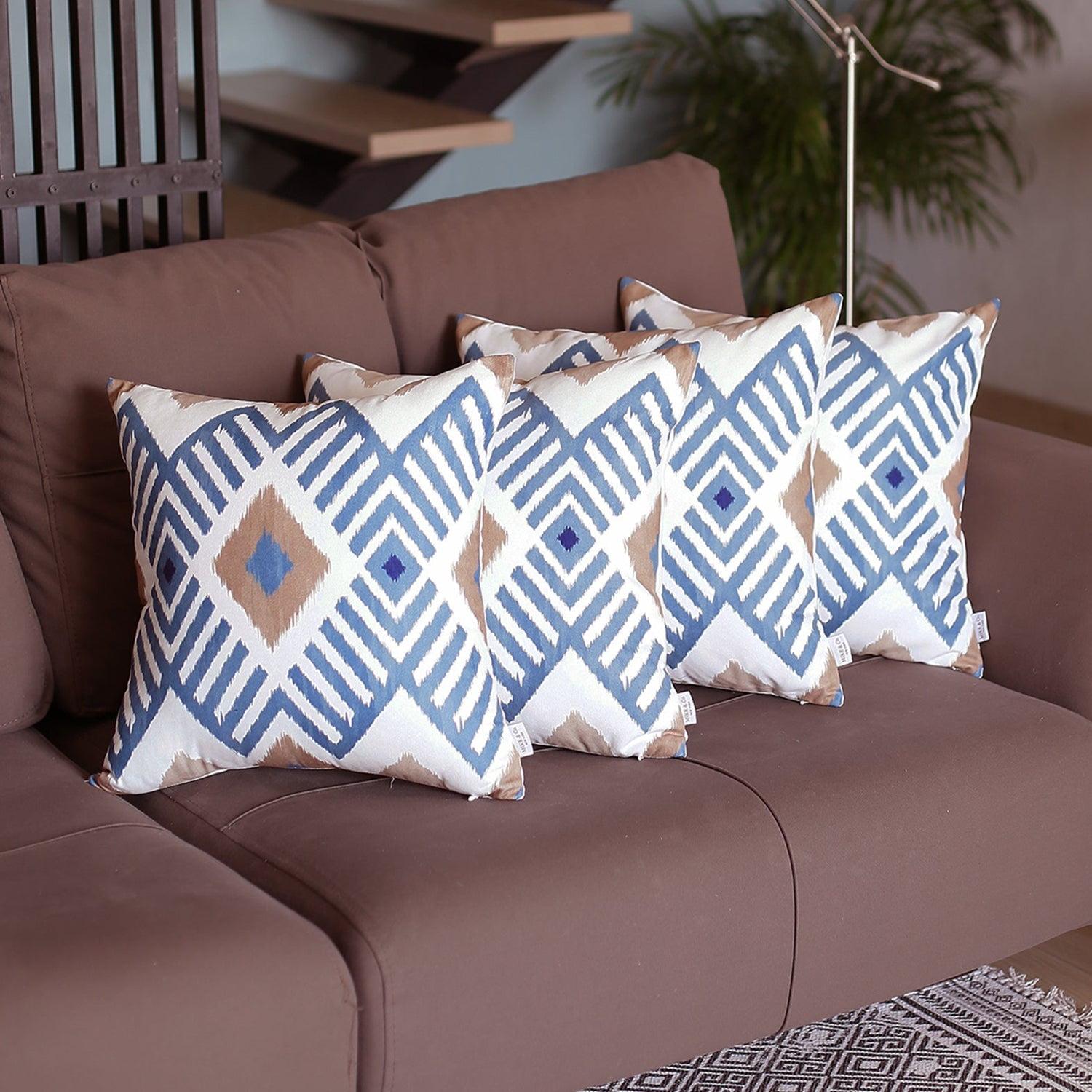 Blue and White Ikat Pattern Euro Throw Pillow Covers Set of 4