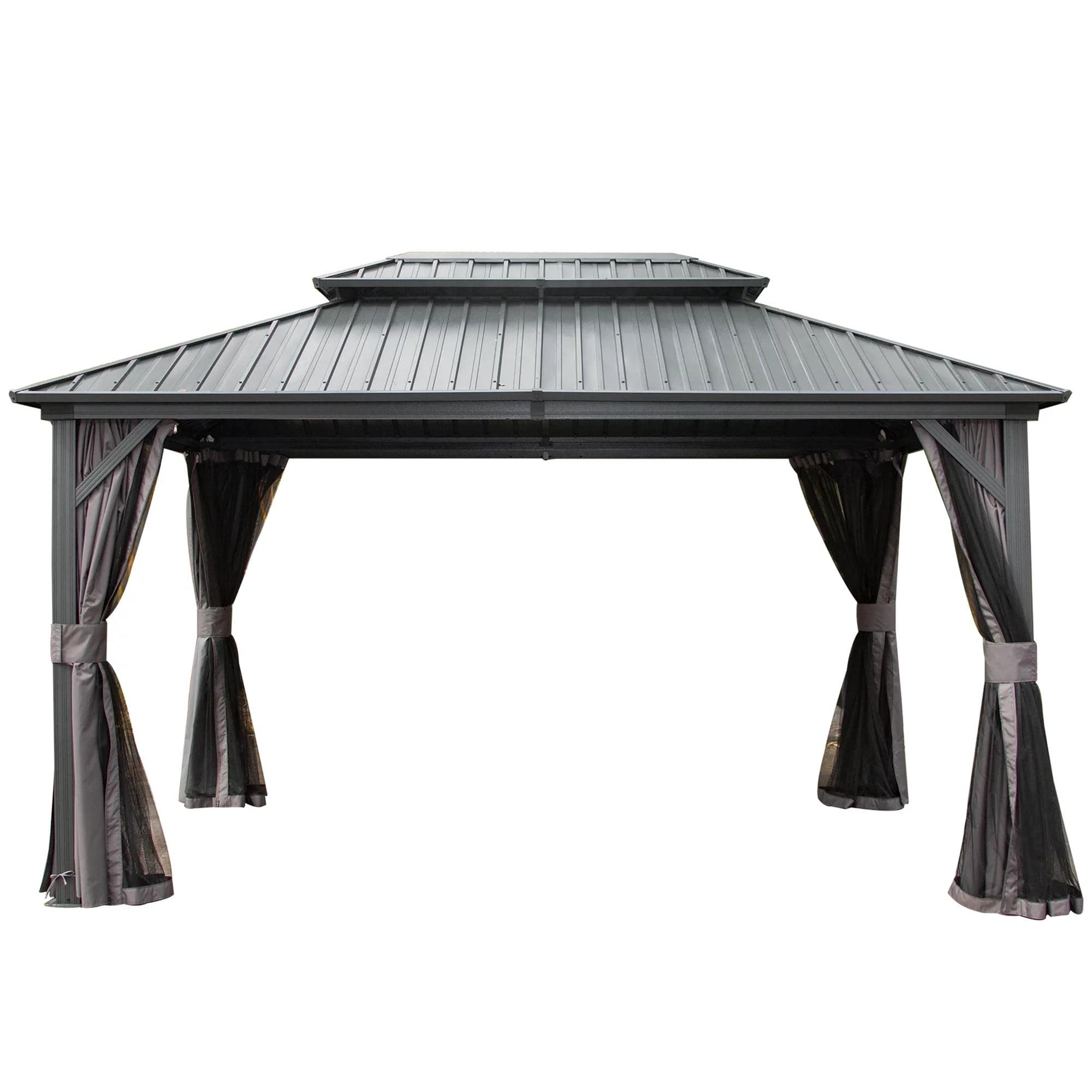 Black Aluminum Hardtop Gazebo with Galvanized Steel Double Canopy and Curtains