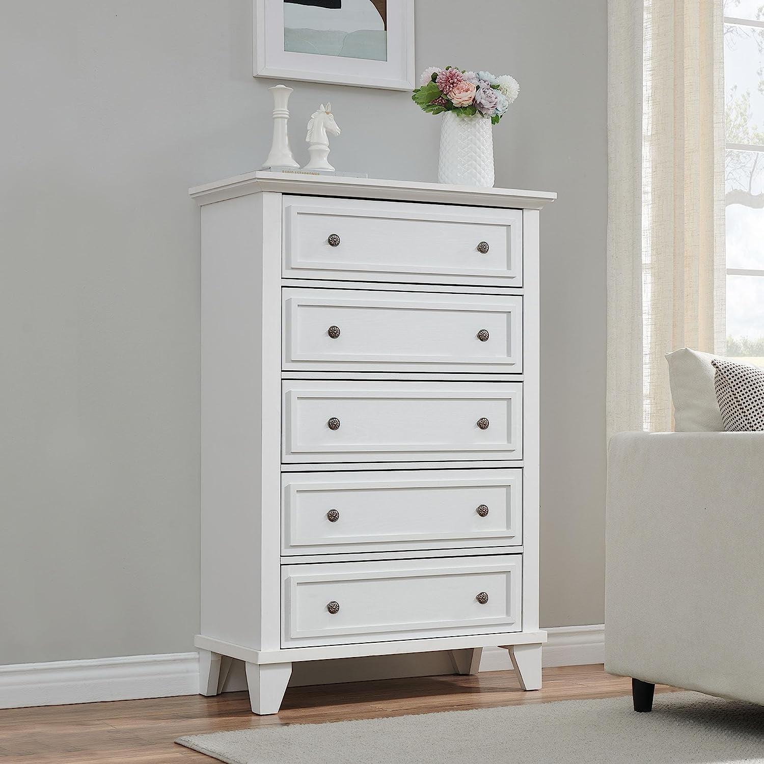 5 Drawers Dresser for Bedroom, Modern Drawer Chest, Wood Organizer Drawer Cabinet for Bedroom, Living Room, Hallway, Entryway, White