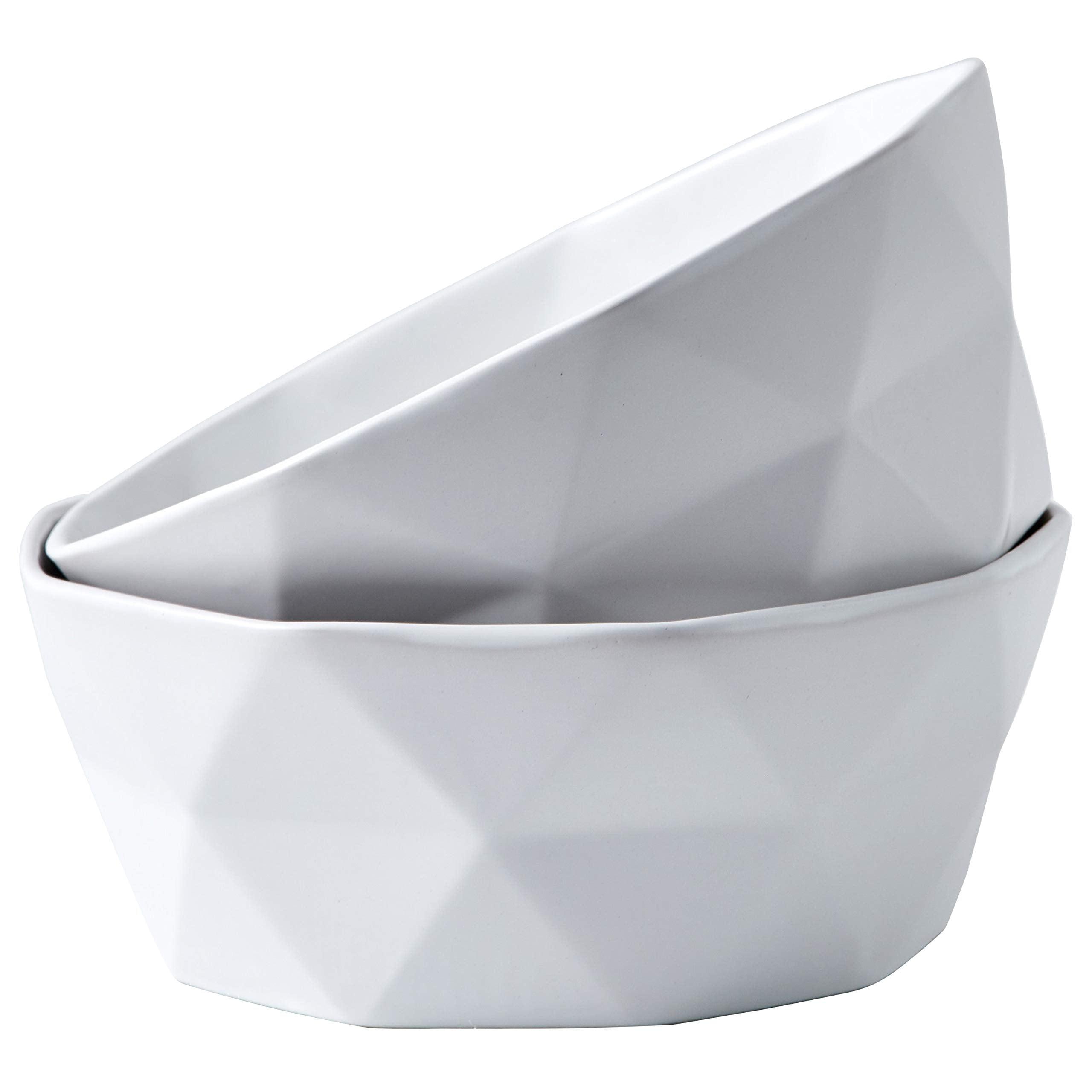 White Geometric Ceramic Microwave Safe Serving Bowls, Set of 2