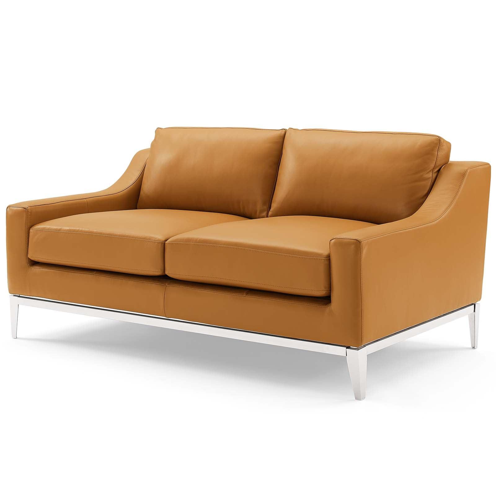 Modern Tan Leather Loveseat with Stainless Steel Base and Removable Cushions