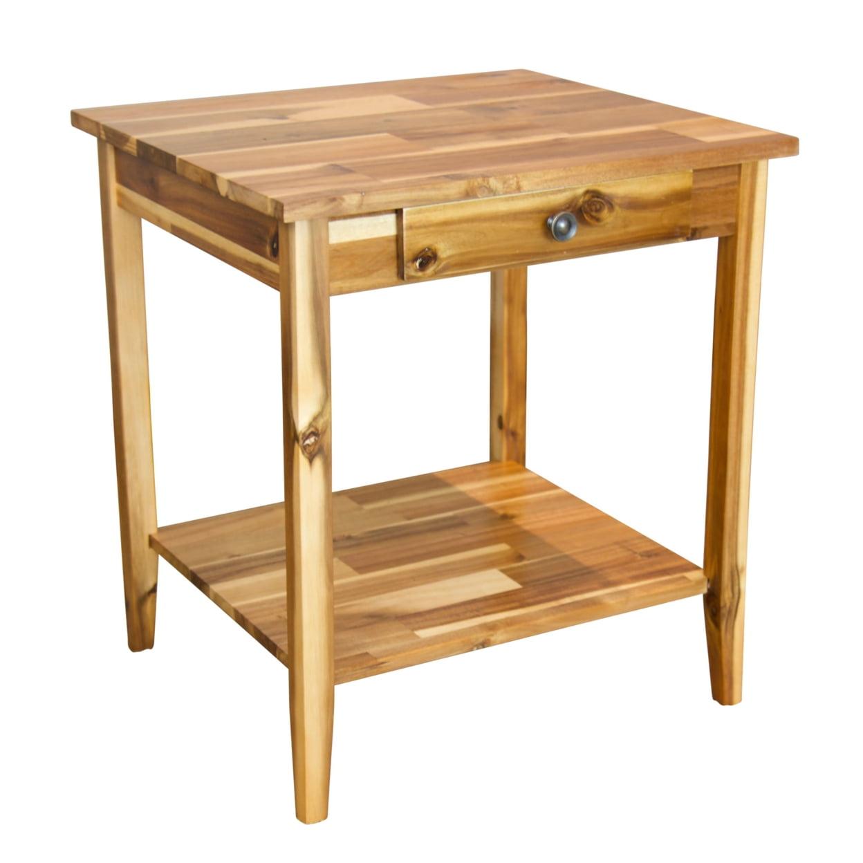 Solid Acacia Wood End Table with Drawer and Shelf