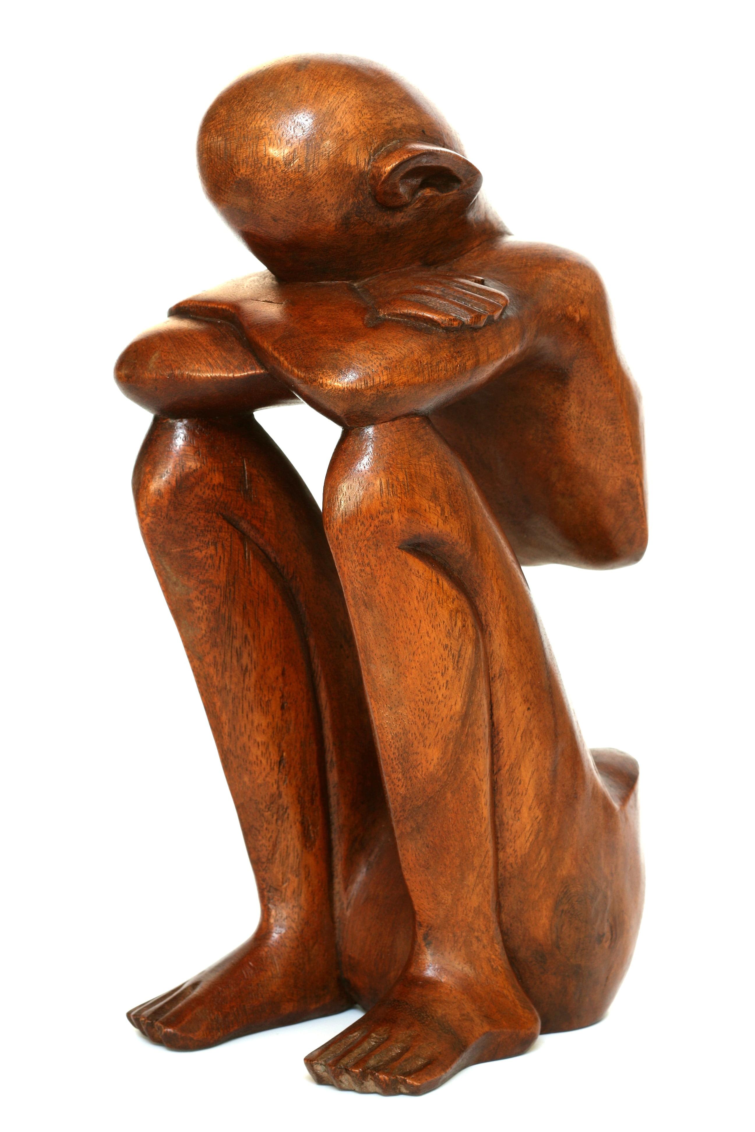 12" Handcrafted Suar Wood Resting Man Abstract Sculpture