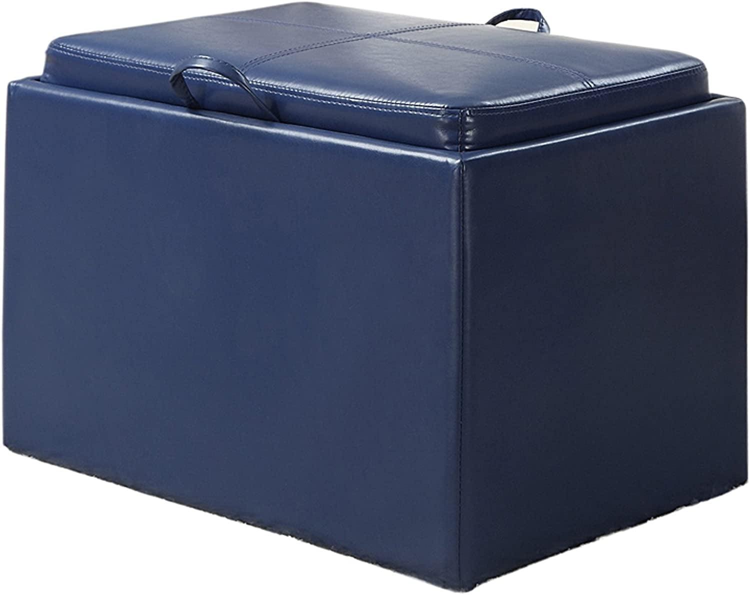 Blue Tufted Faux Leather Storage Ottoman with Tray