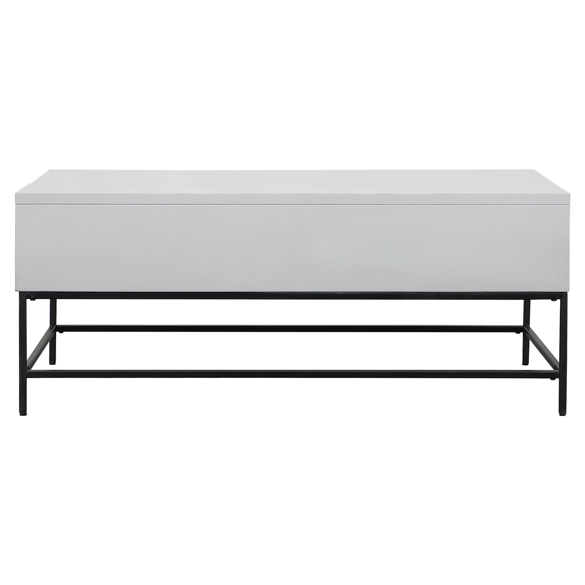 45 Inch Rectangular Mango Wood Coffee Table, Lift Top Storage, Iron Frame, White, Black 71911