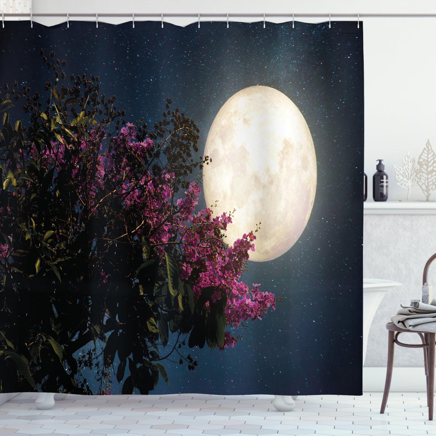 Magenta Ivory Dark Blue Polyester Moon Shower Curtain