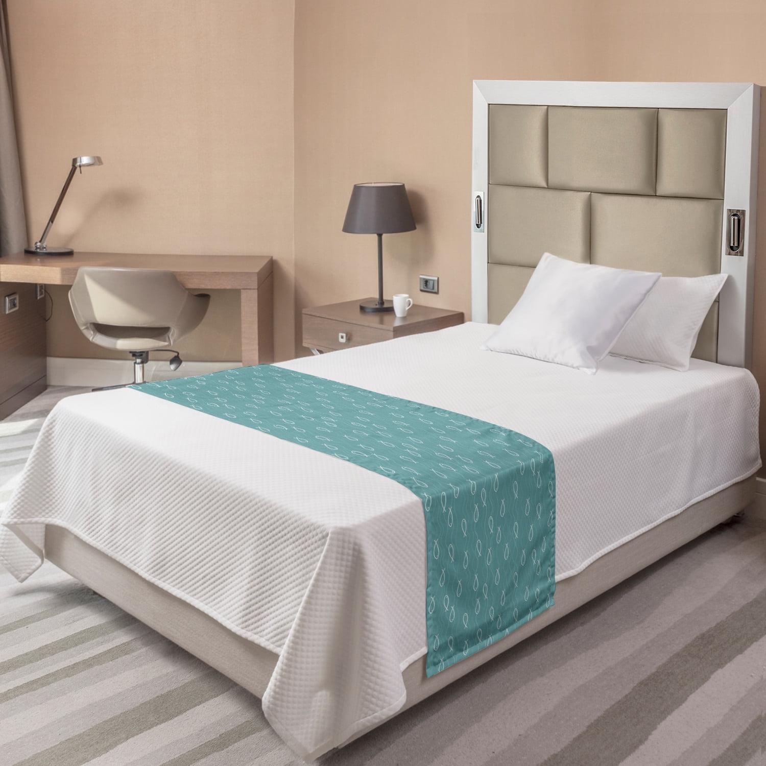 Twin White and Pale Teal Polyester Satin Bed Runner