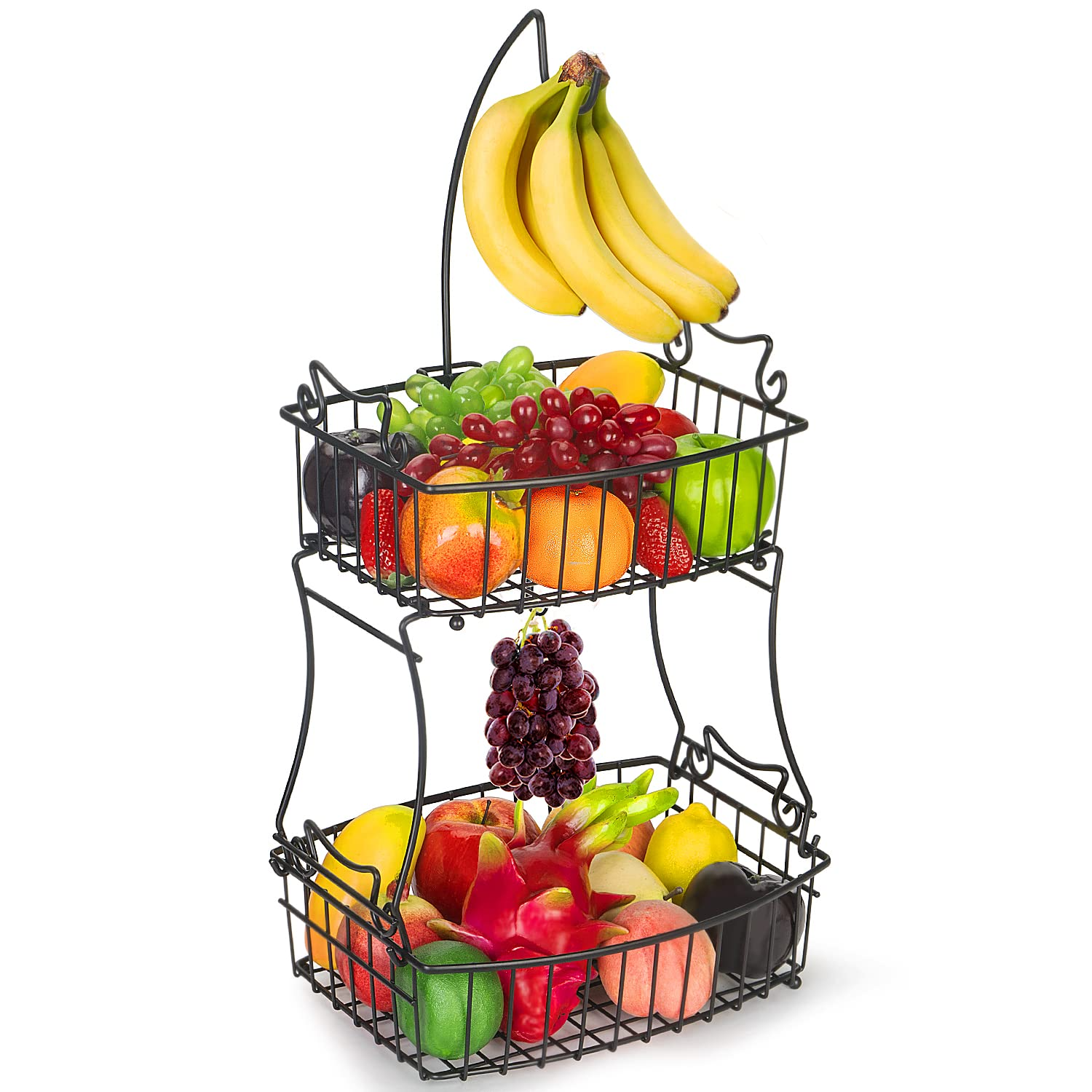 Black Metal 2-Tier Rectangular Fruit Basket Stand